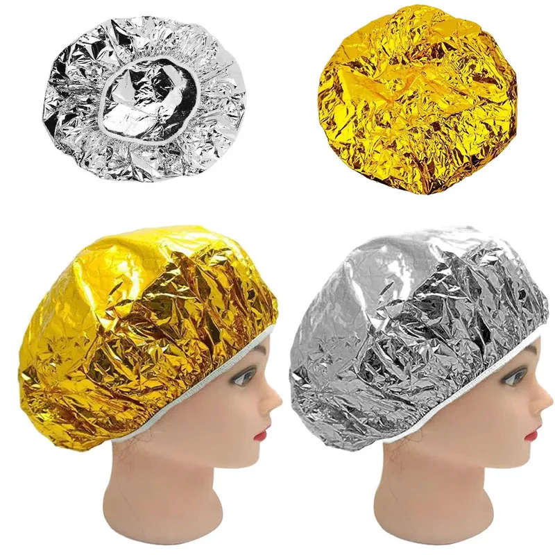 Gorro de ducha con aislamiento térmico para mujer, gorro de papel de aluminio, gorro de baño elástico para salón de pelo, Plata