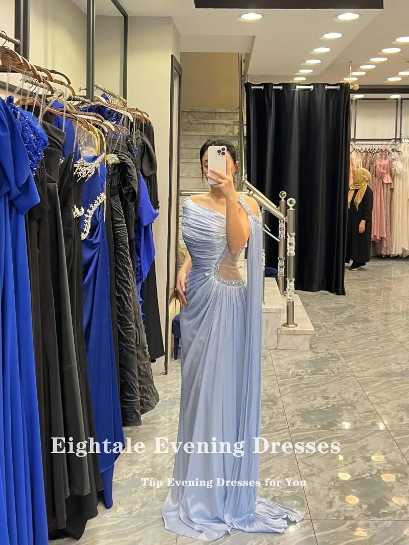Eightale Avondjurken Strapless Plooien Vloerlengte Aangepaste Crêpe Lichtblauw Kralen Prom Party Jurk vestido de fiesta