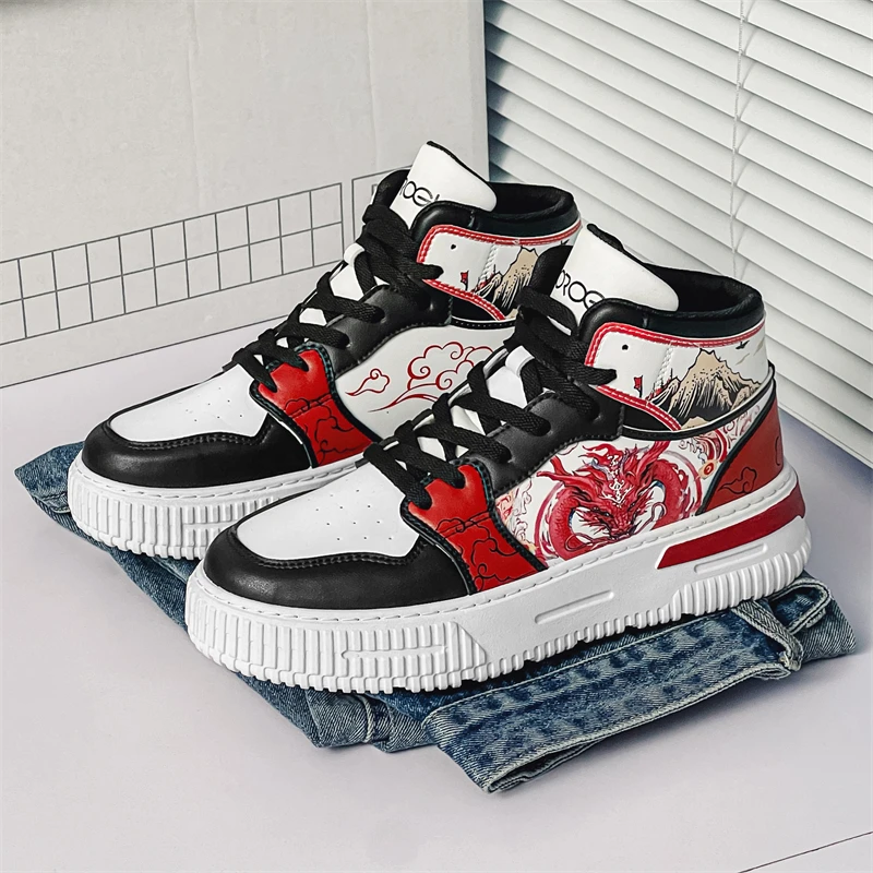 2024New Anime Cartoon High Top Chinese Style Dragon Couple Trendy Shoes PU Casual Versatile Sports Shoes Size35-44  Hard-Wearing