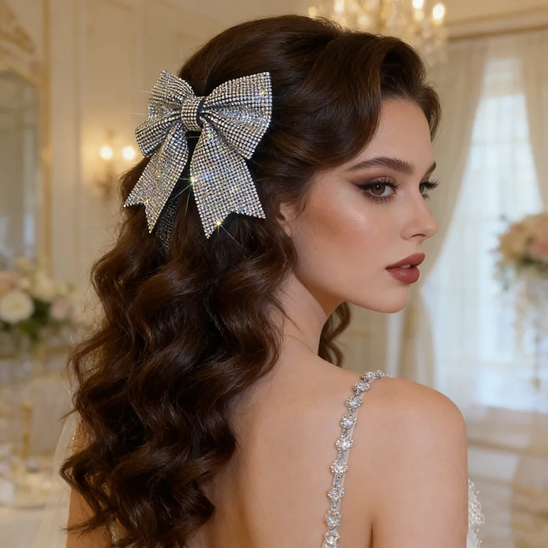 

Большие заколки для волос с полным покрытием стразами в виде банта для свадебных причесок, сверкающие заколки-бантики для вечеринок и банкетов