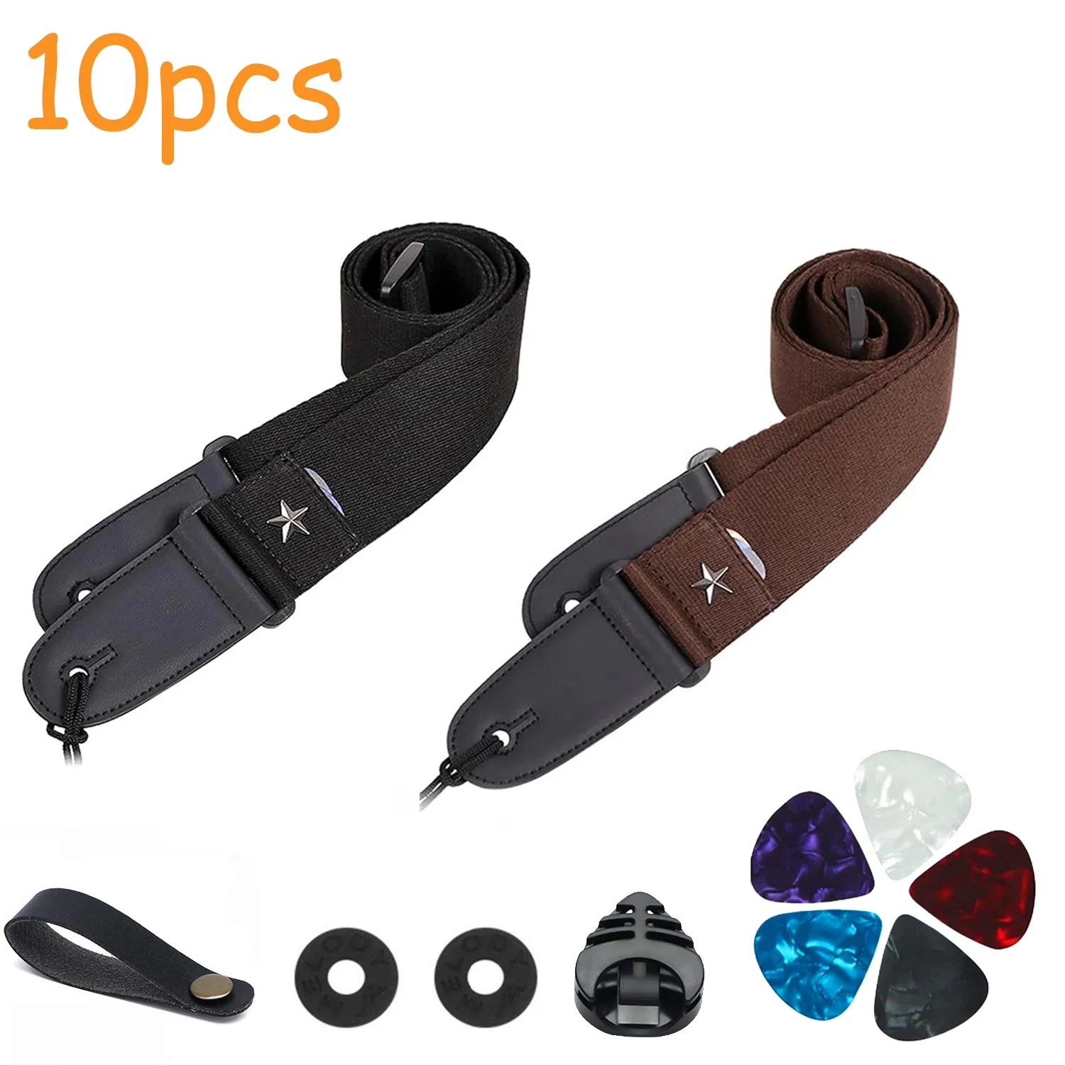 10pcs Guitar Strap with Pick Holder Star Shoulder Straps Adjustable Leather Ends,Include 5 Guitar Picks and 1 Hold and 2 Washers