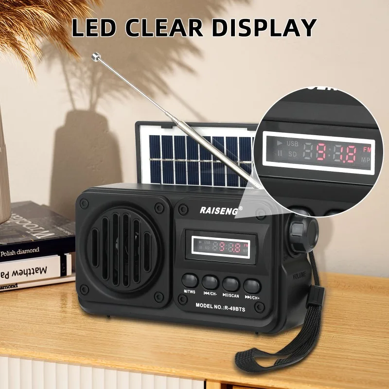 

Портативное солнечное аварийное радио AM/FM/SW с Bluetooth-колонкой, LED-фонариком и USB-зарядкой для кемпинга и походов (бумбокс)