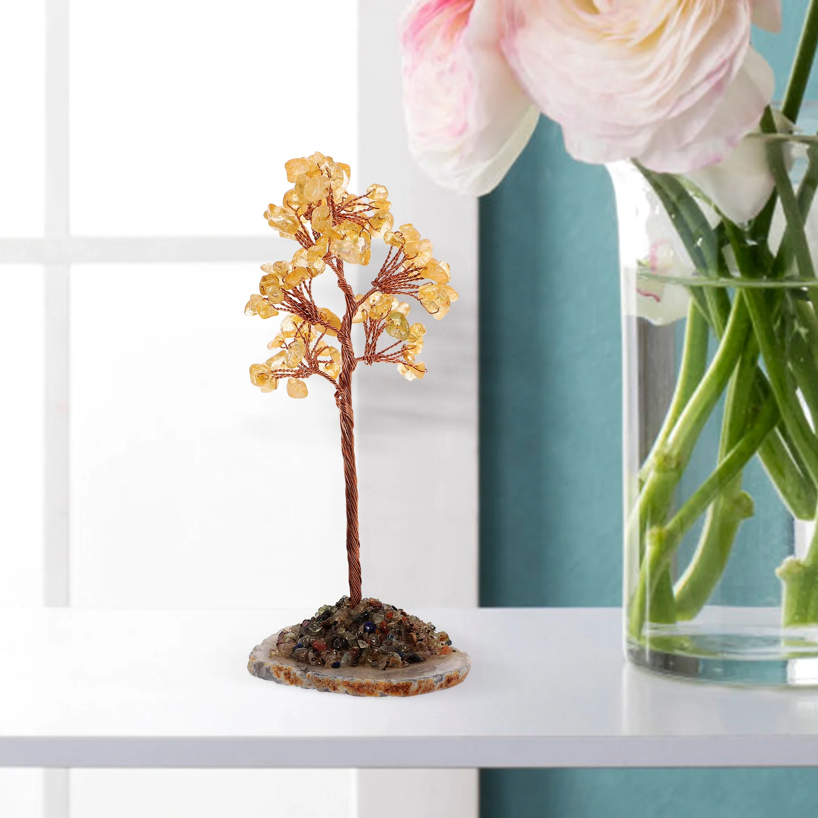 

Golden Crystal Money Tree Bonsai Statue Citrine Decor Luck Tree Tabletop Ornament Resin Craft Home Office Decoration Chinese