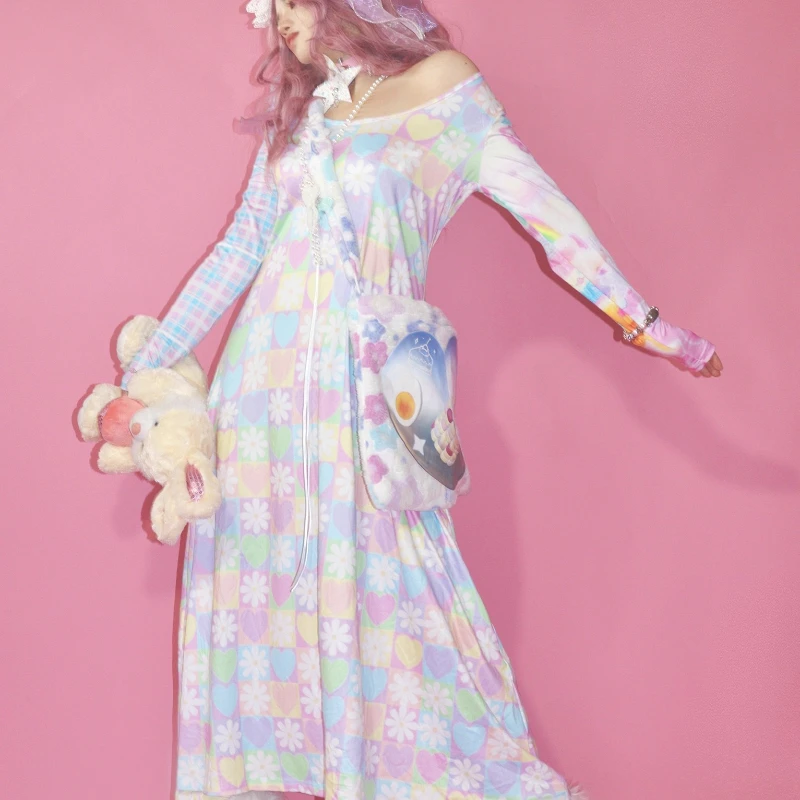 오리지널 디자인 레트로 플래드 프린트 여성 드레스 일본 봄 가을 신상 스윗 Y2K 귀여운 긴팔 루즈핏 얇은 원피스