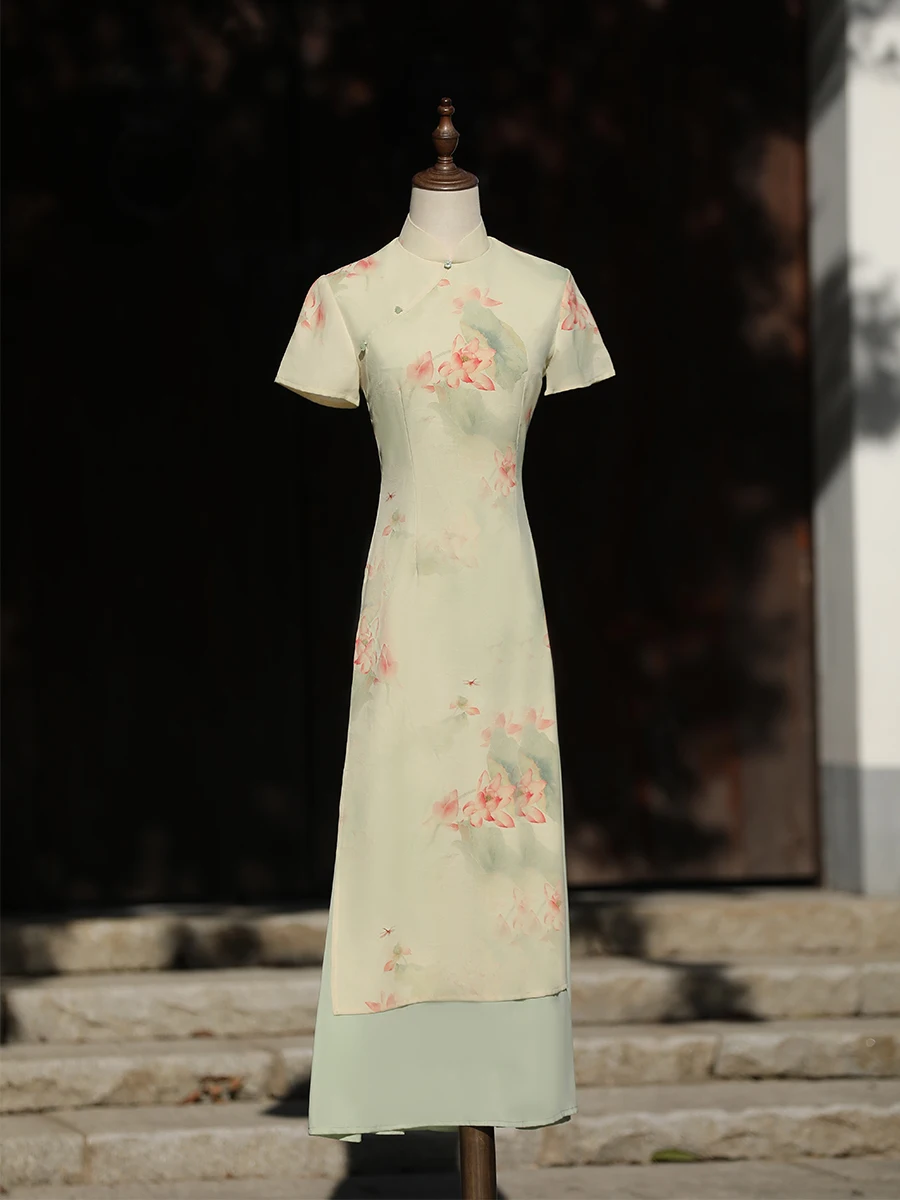 Jiangnan Floing een  Dr Chic Chinese Sle Summer Slimming Long Qipao Gown for Young Women Daily Wear