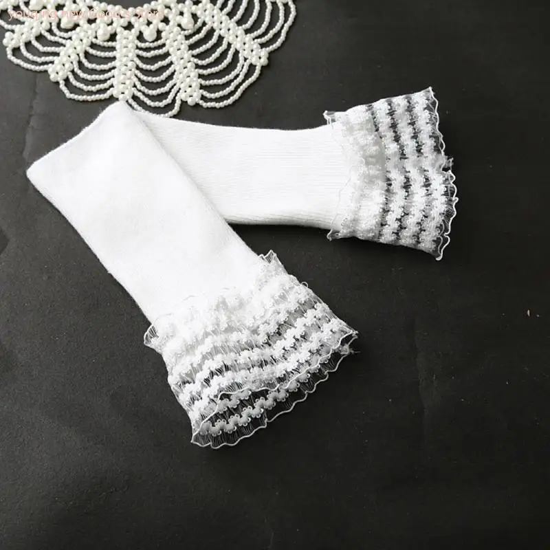 

49ME Women Ribbed Knit Arm Warmers Lace Fake Cuffs Sleeves Fingerless Gloves