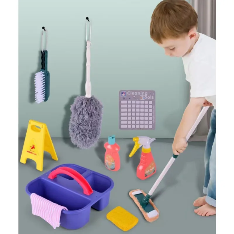 Children's Simulation Cleaning Tools Set - Cartoon Mini Housework Supplies Kit with Broom Mop Bucket, Kids Playhouse Toys
