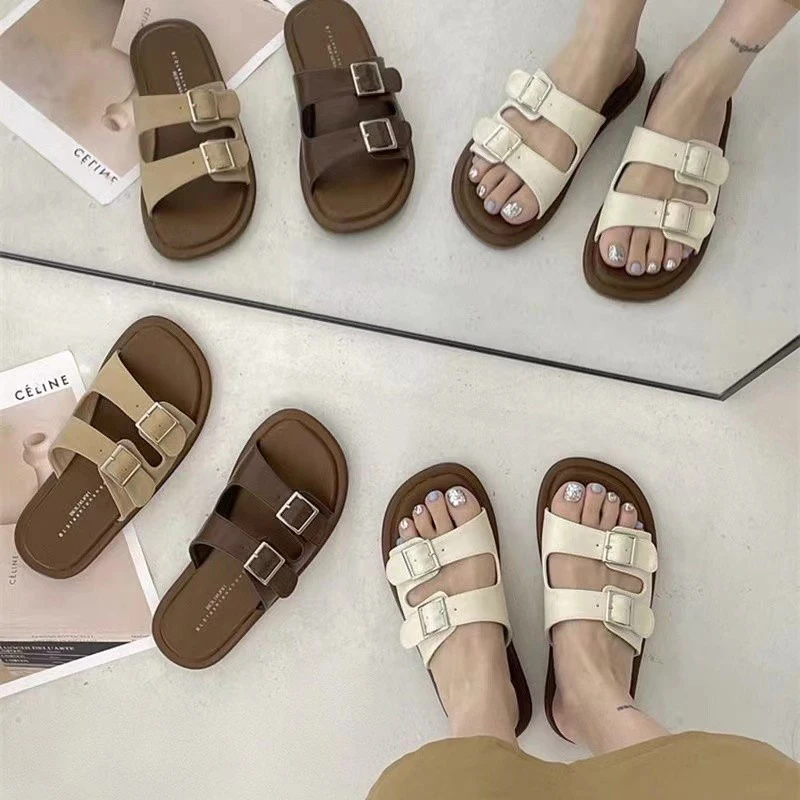 Fashion Beach Women Sandals Summer Flats PU Leather Casual Slippers Shoes Walking New Beach Slides Dress Slingback Flip Flops