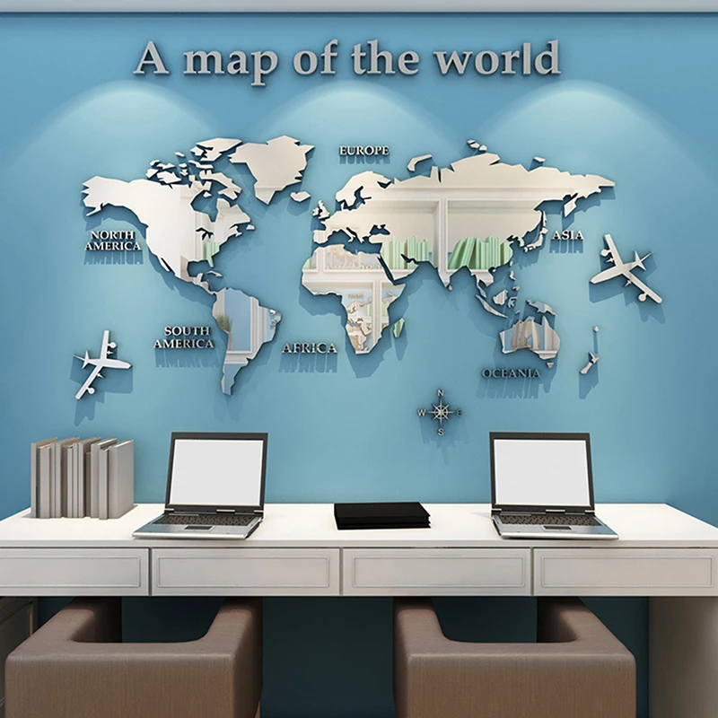 Pegatinas de pared de mapa del mundo acrílico 3D, pegatinas de espejo tridimensional, calcomanía de mapa del mundo, decoración de pared de fondo de oficina en casa