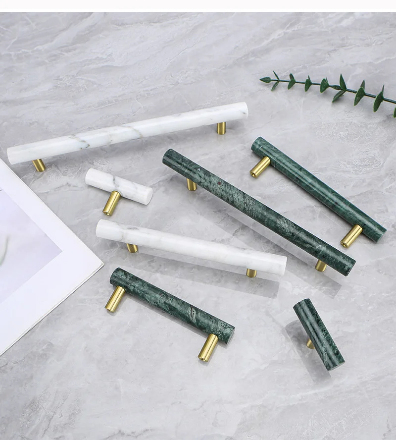 Long Cylindrical Marble Furniture Handle Drawer Knob Natural Marble Brass Handles For Kitchen Wine Cabinet Door Cupboard Pulls