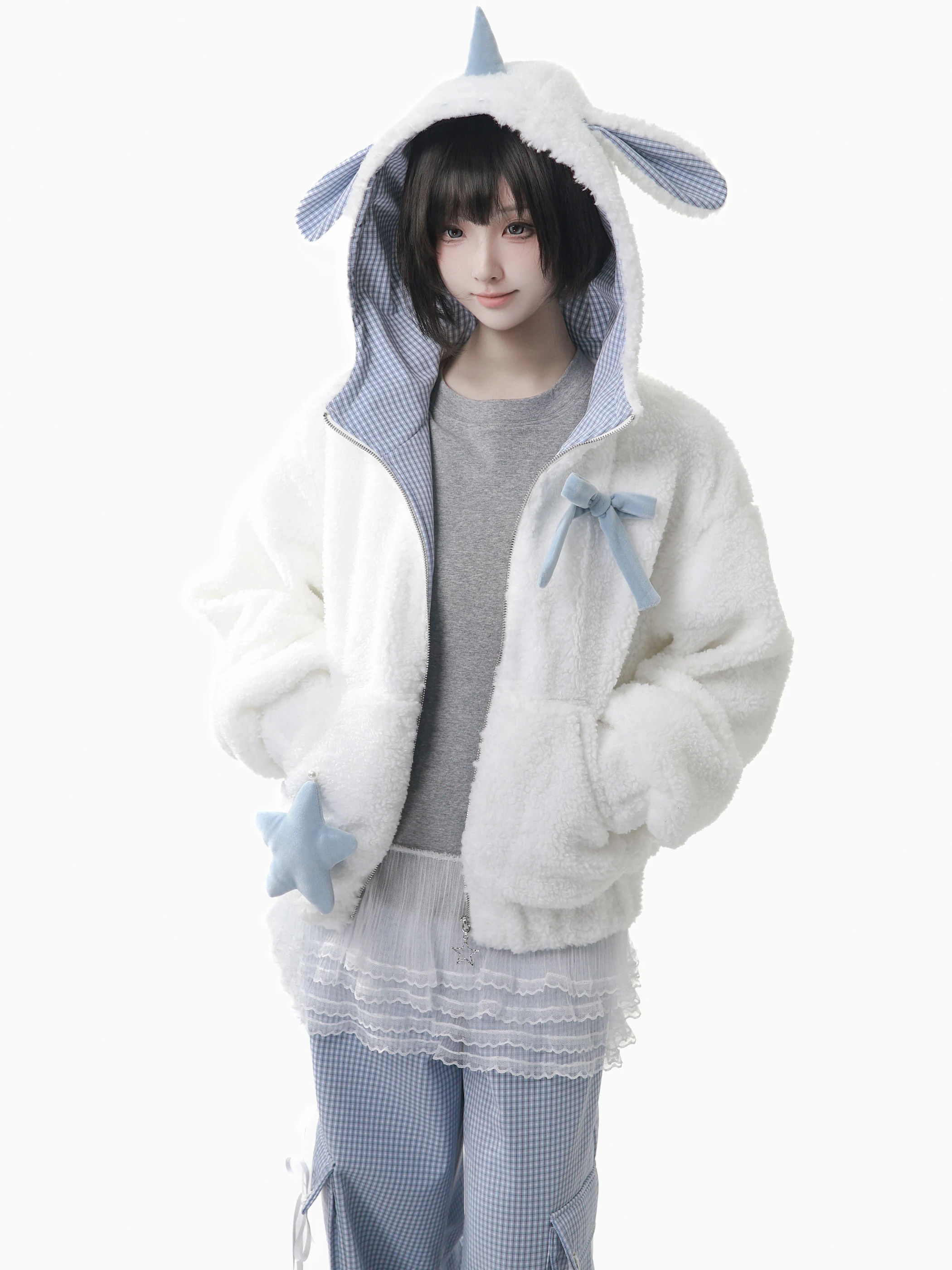 Chaqueta de piel sintética Y2K Original para invierno, estilo universitario, estudiante, dulce y fresco, abrigo de felpa con capucha, pantalones, conjunto superior de manga larga