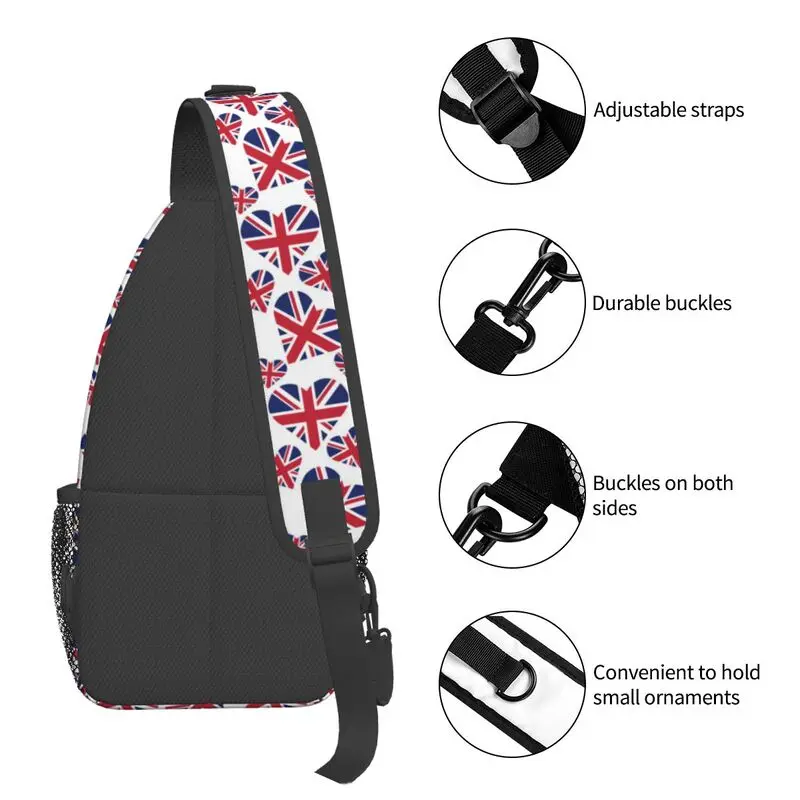 Serce torba ze sznurkiem flaga brytyjska mody męskiej United Kingdom UK dumny plecak torba Crossbody na klatkę piersiową na ramię plecak rowerowy Camping Daypack