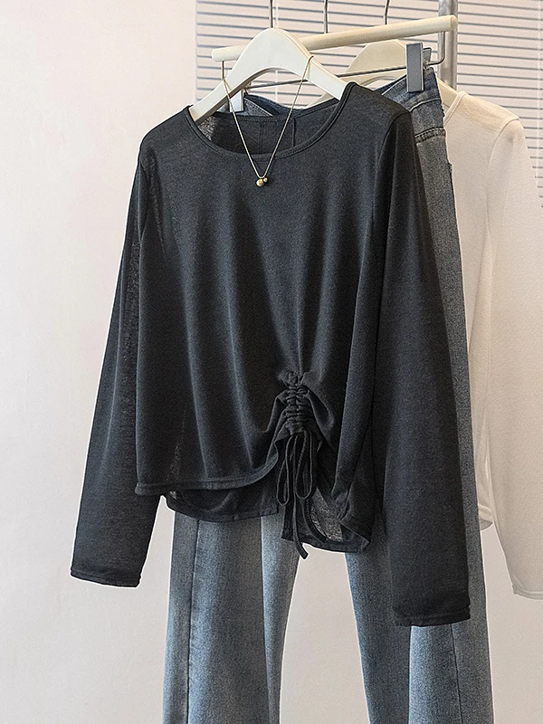 Summer New plus Size Women's T-shirt with Drawstring Long Sleeve Irregular Oversized Top Korean Style Commute Fashion