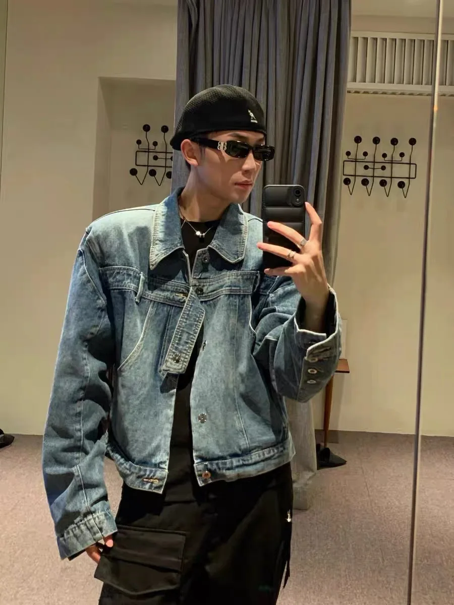 Retro American Washed Short Denim Jacket Men's Fashionable Turn-down Collar Outerwear Spring Autumn Design Trendy Brand