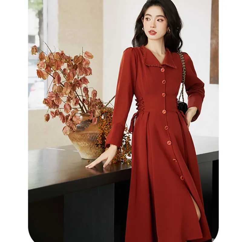 Vestido Rojo de manga larga para Mujer, traje Retro con cuello de solapa, elegante, a la moda, estilo Hepburn francés, temperamento, otoño