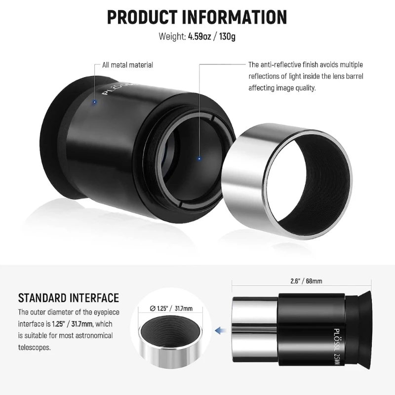 dwan 1.25 polegadas Lente Metal Totalmente MultiRevestida Ocular Acessórios para Telescópio Astronômico