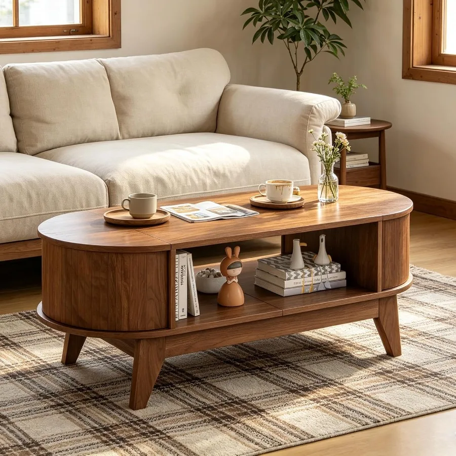 Coffee Table with Storage for Living Room, Walnut Wood, Dark Brown, 2 Flip-Top Hidden Lids for Clutter-Free Organization