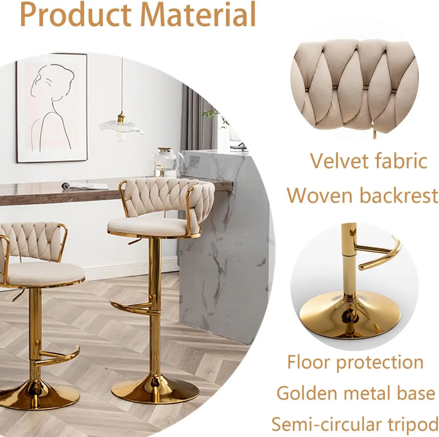 Gold Velvet Bar Stools Set of 4, Counter Height Bar Stools with Low Back, Swivel Bar Stool for Kitchen Island, (Beige)