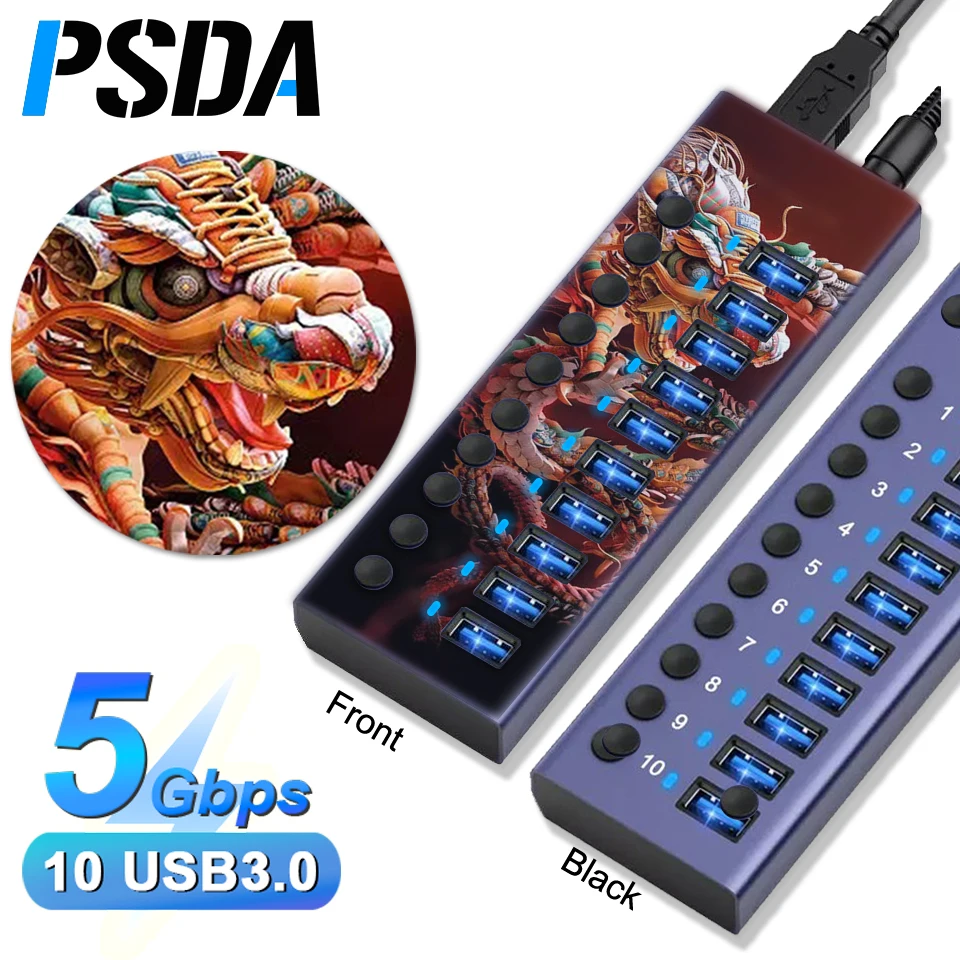 

PSDA 3D 4/7/10 Ports USB 3.0 Hub Multi USB Splitter with Switch Power Adapter Multiple Expander for Laptop Accessories MacBook