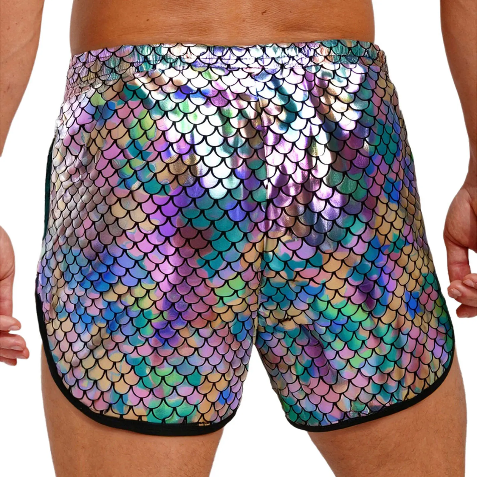 Mens Metallic Shiny Fish Scale Pattern Shorts Slant Pockets Trunks Raves Party Outfits Elastic Waistband Drawstring Short Pants