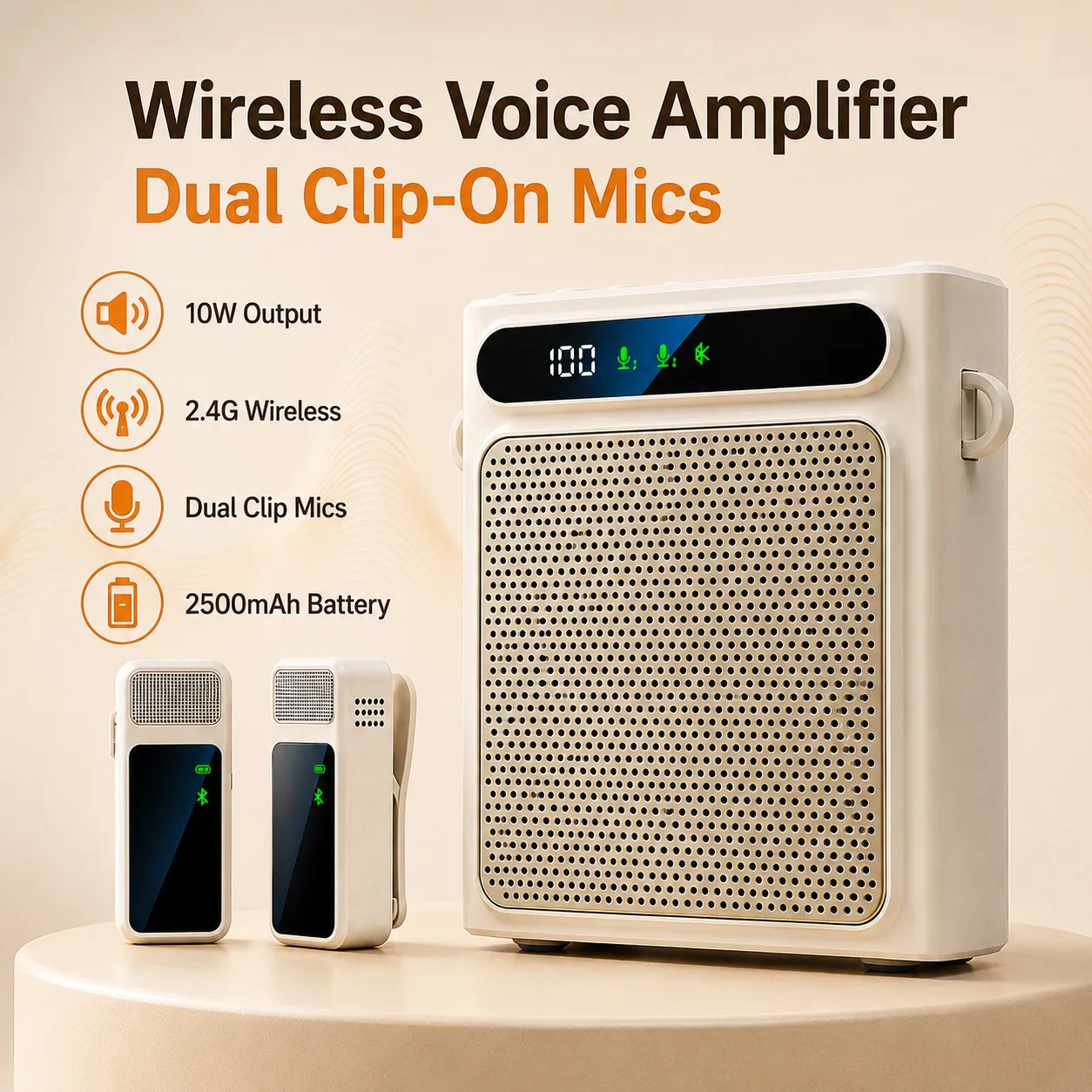 Portable Voice Amplifier for Teachers, Wireless Dual Clip Mic Bluetooth Speaker 2500mAh for Classroom Meetings Tours