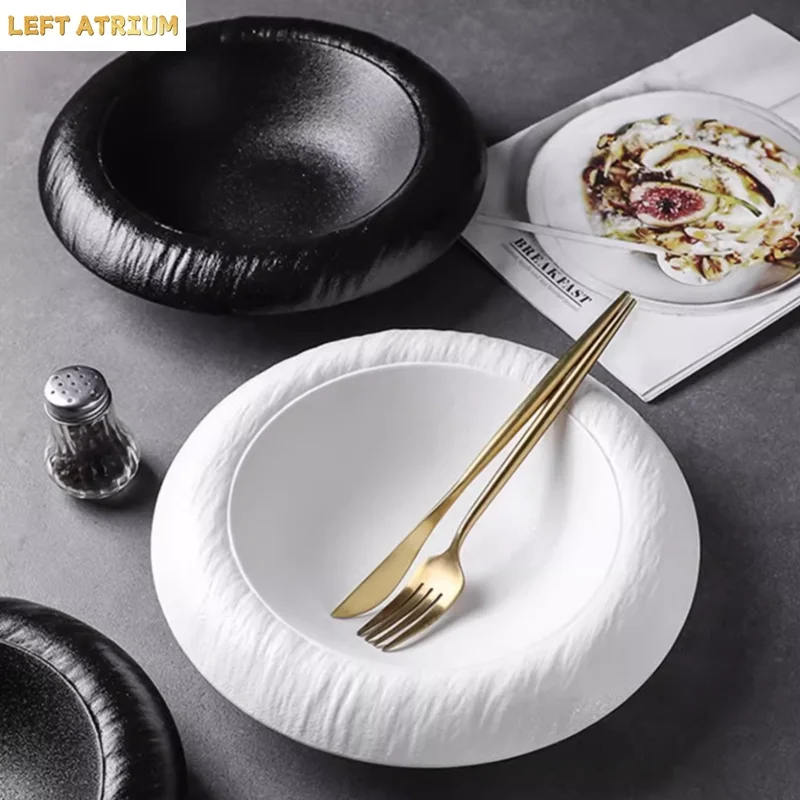 Matte Stone Patterned Circular Ceramic Soup Bowl, Straw Hat Plate, Restaurant Soup Plate, Noodle Bowl, Salad Bowl, Tableware