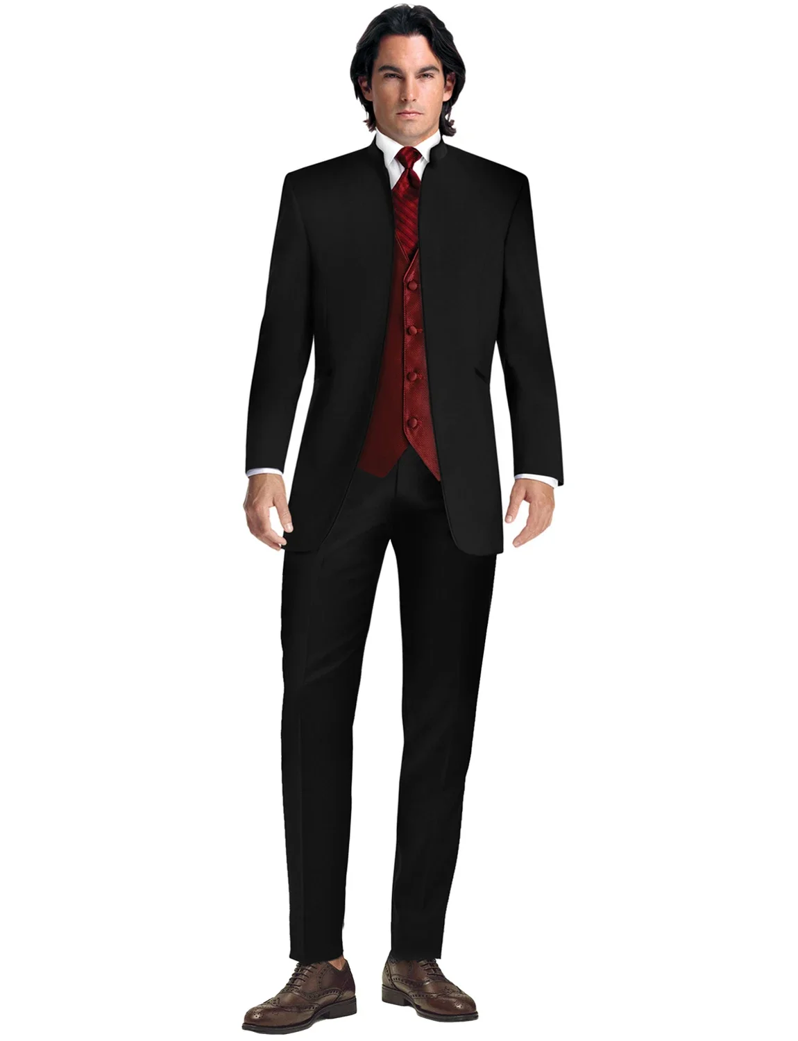 

Black Men's 3 Pieces Wedding Suits Slim Fit Formal Groom Tuxedos Stand Collar Jacket & Trousers & Waistcoat for Party Prom