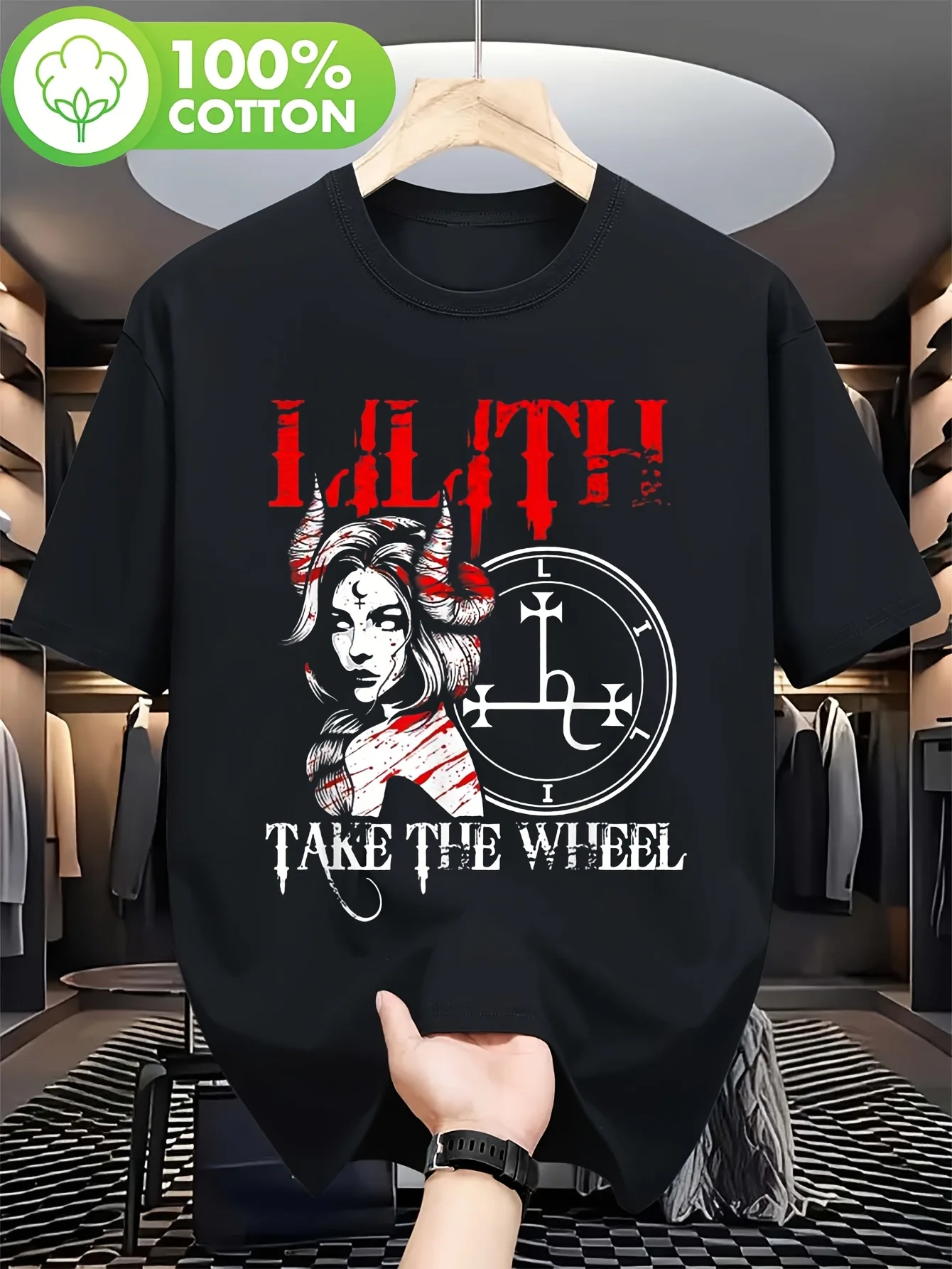 Lilith Dominates Men's Black T-shirt - Adorned with Striking Lilith and Mysticism Patterns, Dark Gothic Style