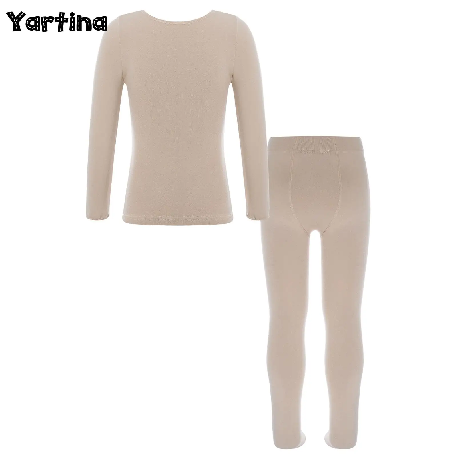 Kids Girls Two-Piece Ballet Dance Training Costume Thermal Underwear Suit Stretchy  Long Sleeve Top Pantyhose Pants Leggings