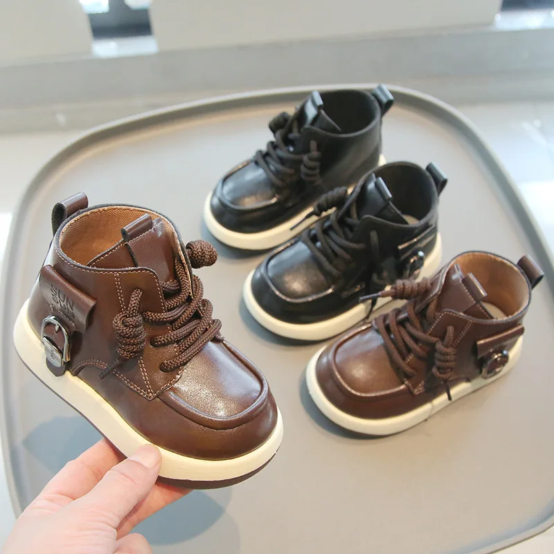 New Boy Girl Casual Shoes Spring Autumn Baby Kids Side-zip Non-slip Soft-soled Short Boots Children Retro Warm PU Leather Boots