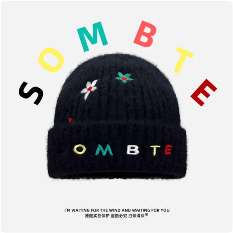 جديد المتخصصة إلكتروني زهرة التطريز البلوز محبوك قبعة للرجال والنساء الخريف والشتاء الاتجاه الشارع الدافئة الجمجمة قبعة قبعات