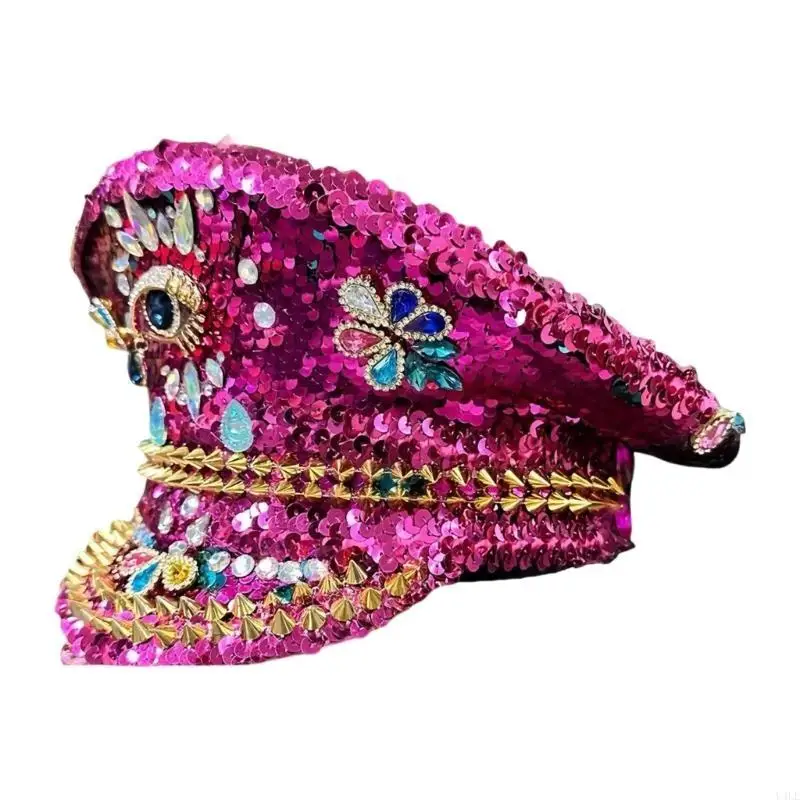 

U4LE Jeweled Hat Glinting Crystal Sequins Captain Hat for Carnivals Music Festival
