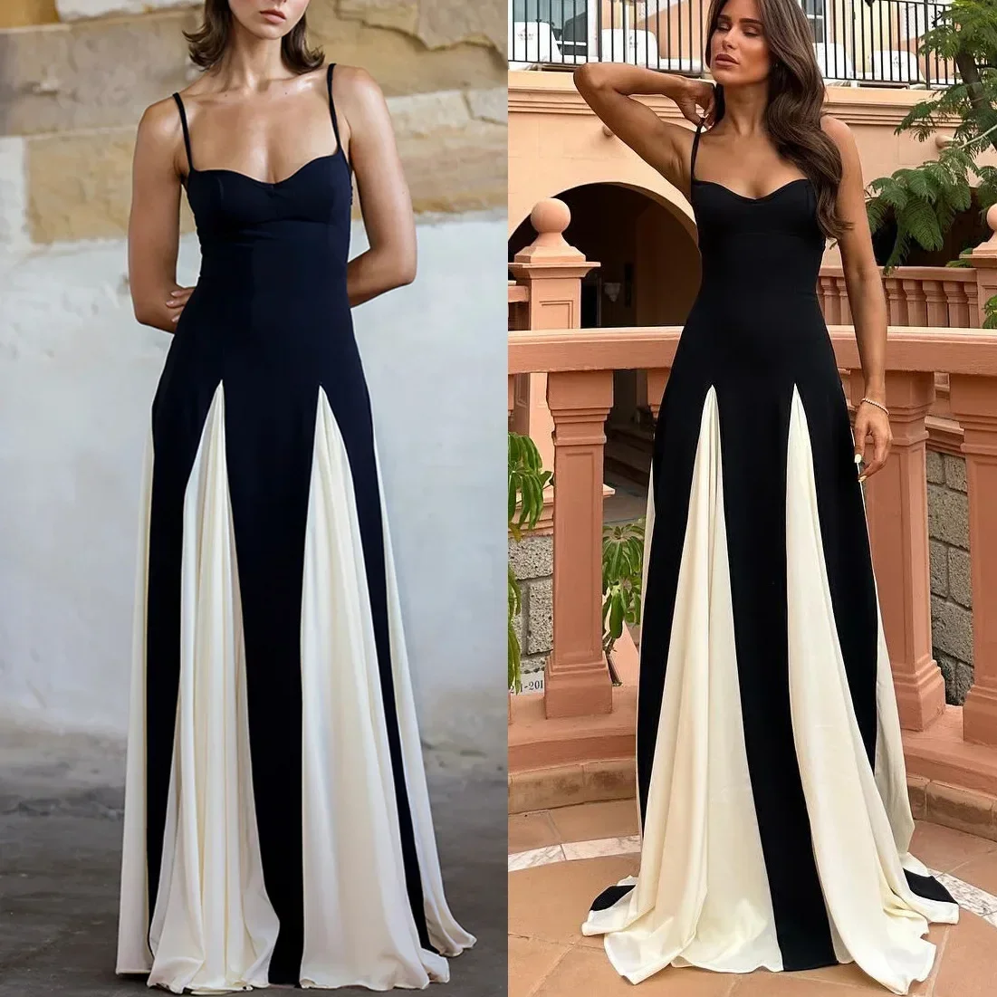 

Elegant Black White Contrast Color Spaghetti Strap Long Dress Women Off Shoulder Backless A-line Dresses 2024 Chic Party Robes