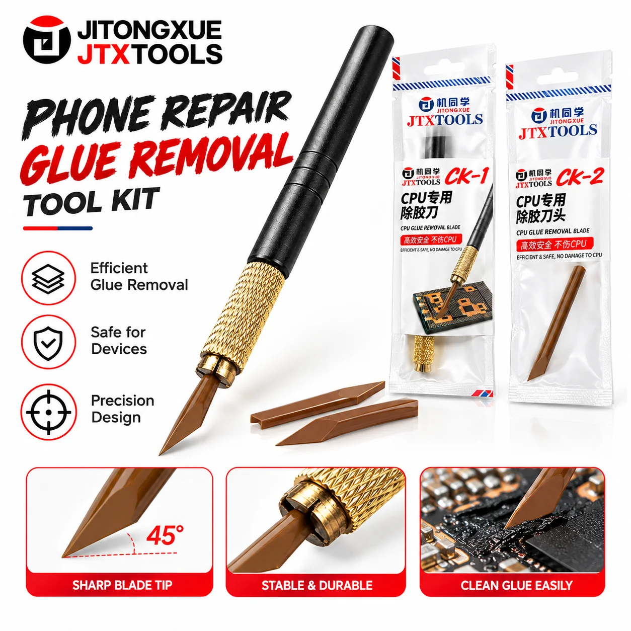 JTX CPU Special Glue Removal Blade Heat‑Resistant Precision Mainboard Black Adhesive Cleaning for Phone Motherboard IC Repair