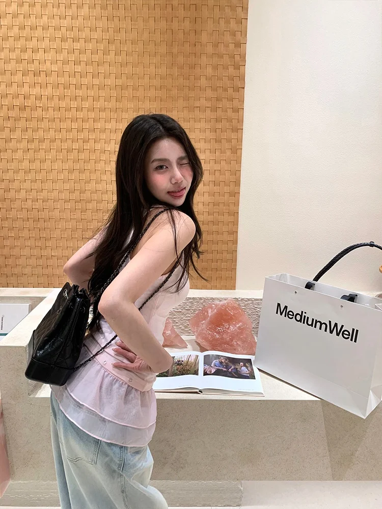 

Ele Lace Splice Slim Fit ter Top with Pleated Design Cooky Ballet Aesthetic Straight Tube Casual Korean Sle Vest