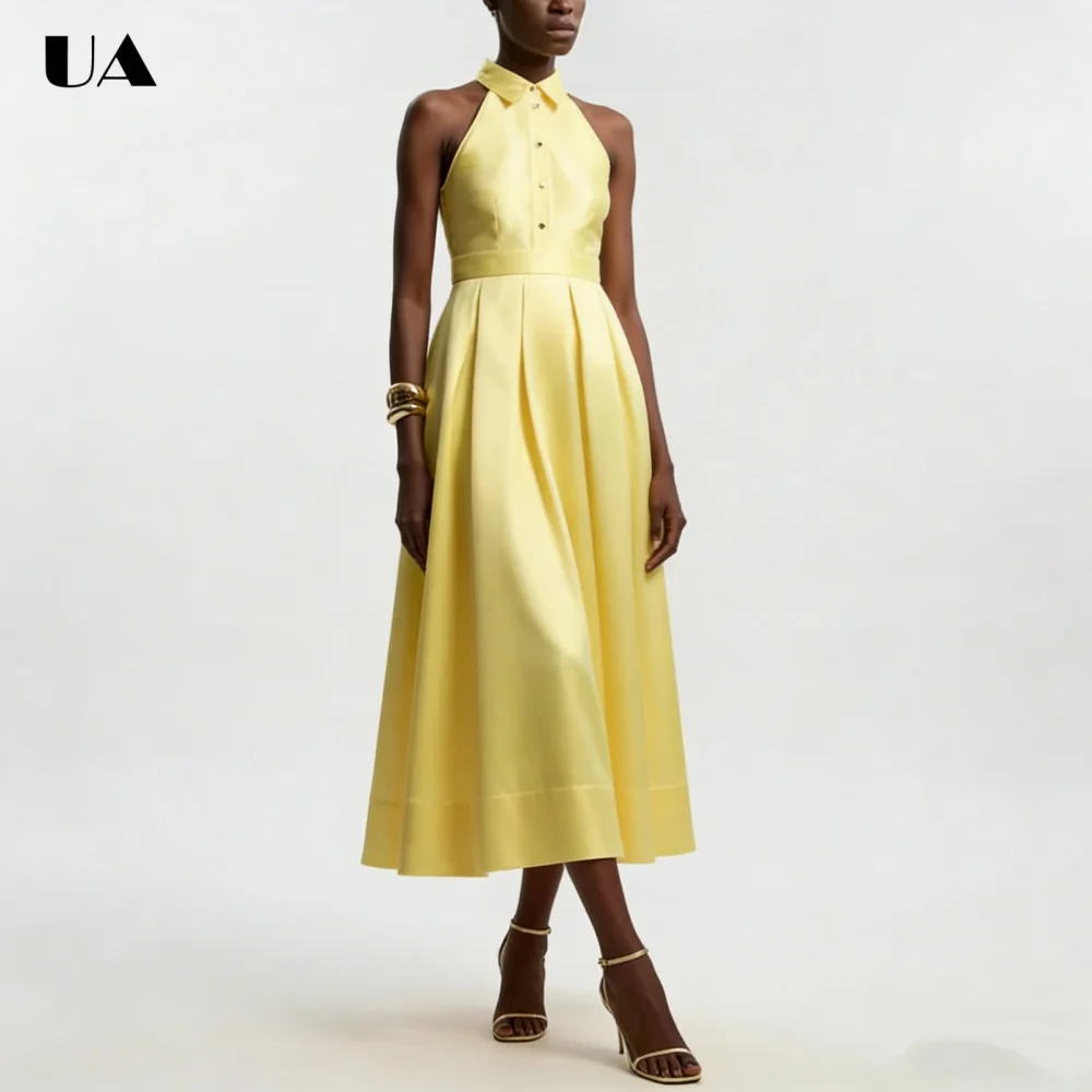 

ULBYANRY Customized Solid A-line Turn-down Neck Prom Dress Elegant Satin Sleeveless Evening Dress Sexy Cutout Button Party Dress
