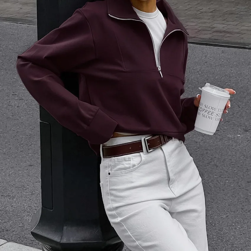 캐주얼 긴 소매 후드티 여성 가을 의류 빈티지 스타일 와인 레드 컬러 스웨트셔츠 여성용 풀오버 하프 지퍼 스트리트웨어