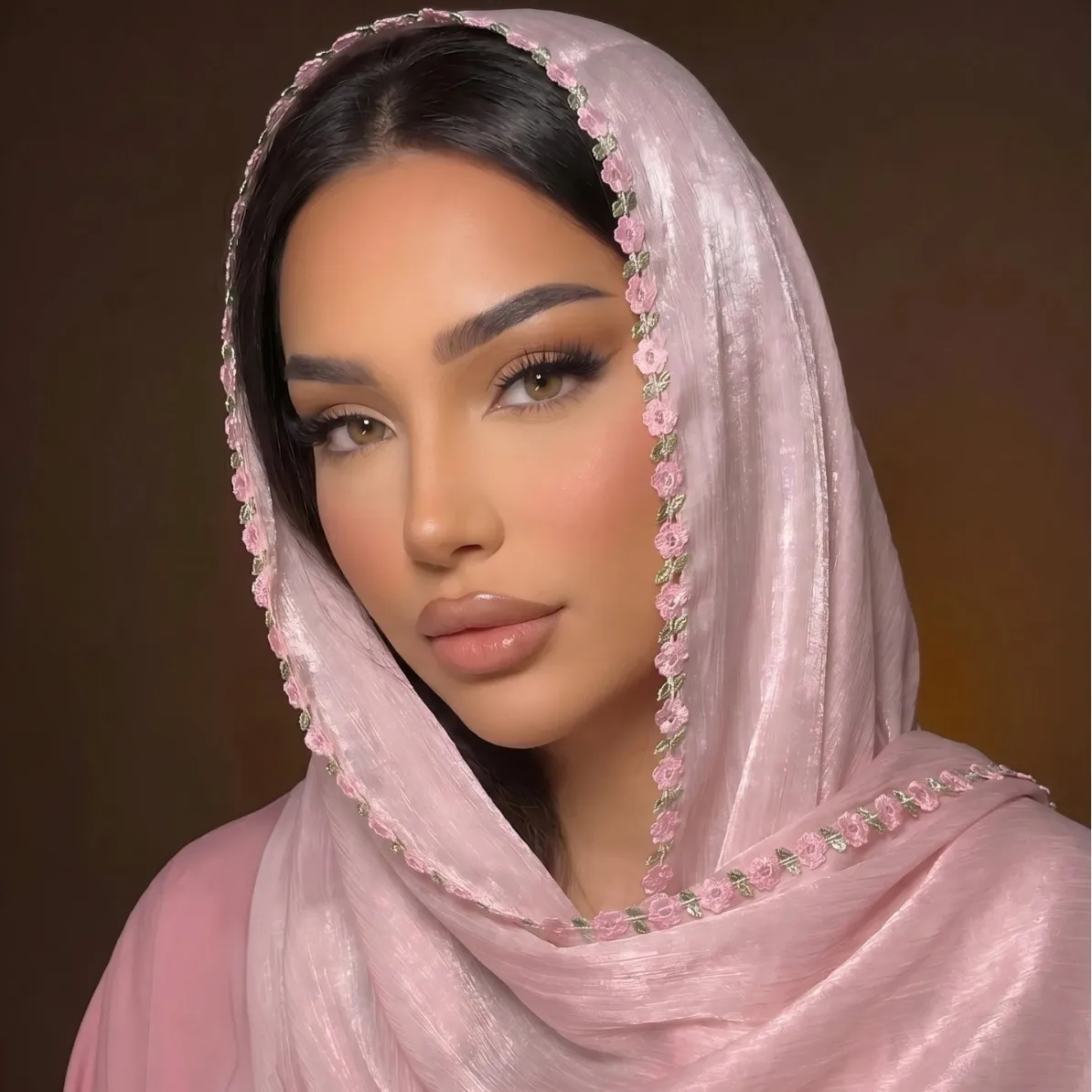 Women Solid Color Silky Head Scarf Shawl Lace Embroidered Trim Breathable Lightweight for Daily Wear