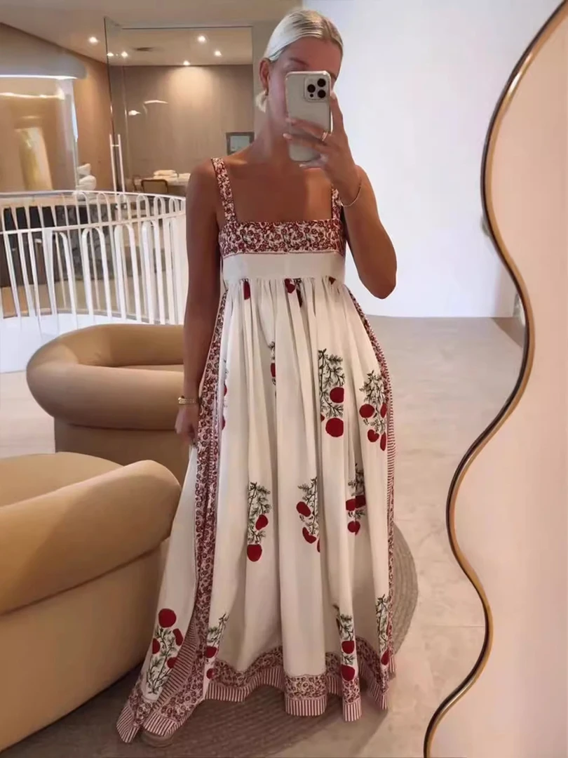 Fashion Pirnted Hem Pleated Maxi Dress Women Summer High Waist Sleeveless Backless Streetwear White Long Dresses Vacation Robes