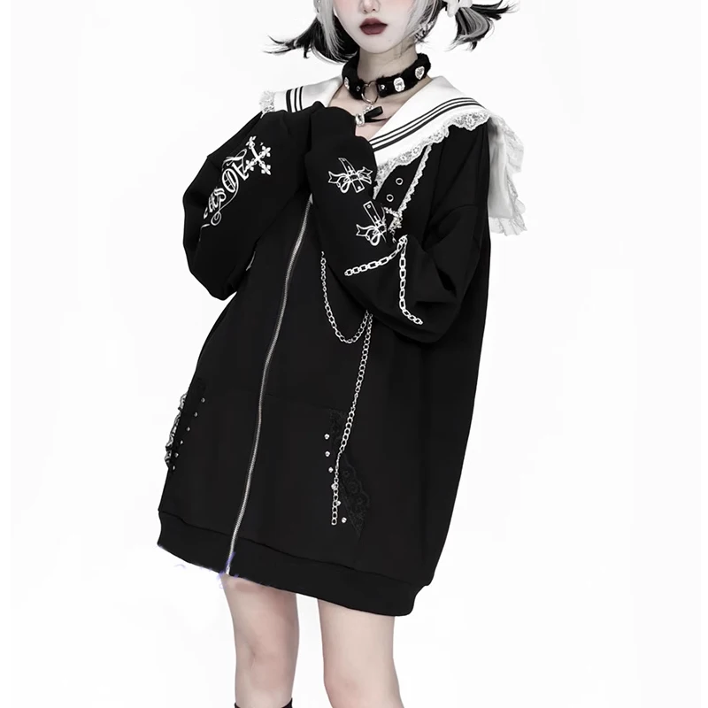 

Subculture Goth Printed Lace Edge Navy Collar Oversized Jackets Women Sissy Dark Loose Zipper Long-sleeved Sweatshirts Coat Cos