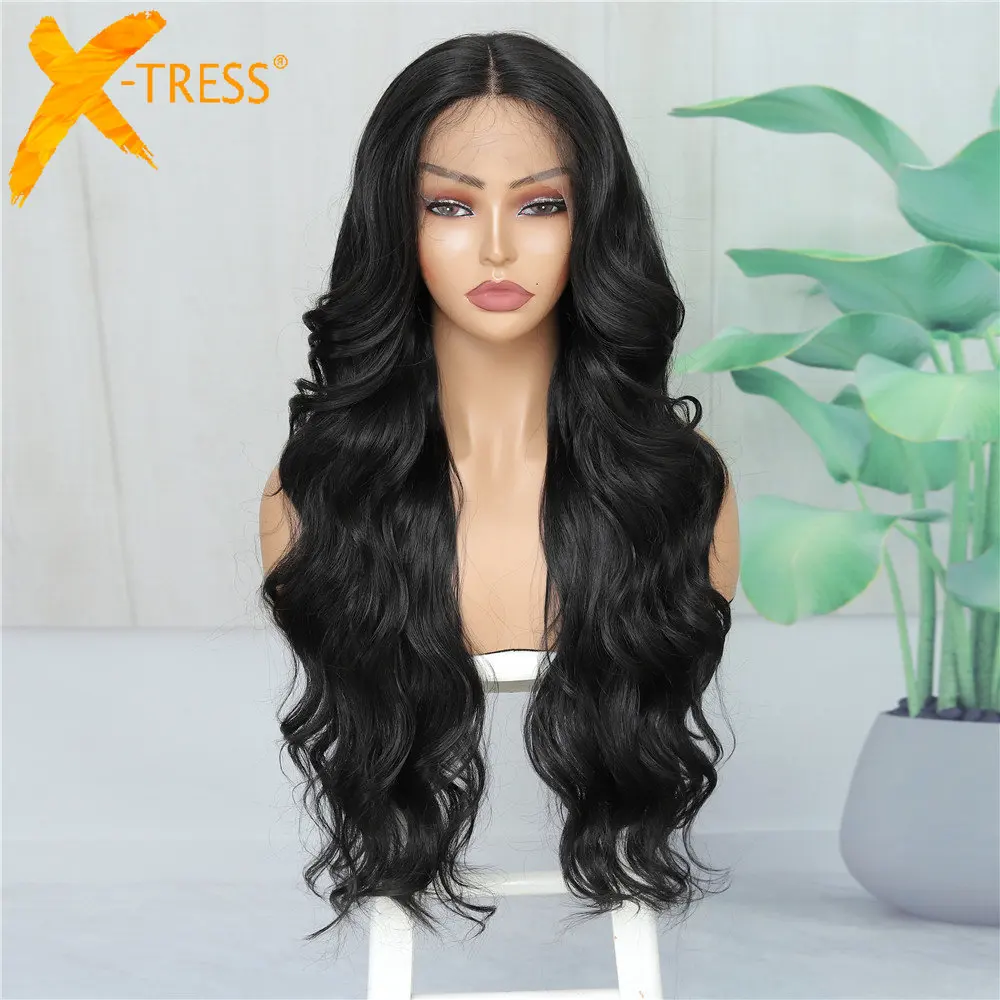 X-TRESS Long Body Wave วิกผมลูกไม้ด้านหน้าสังเคราะห์ Middla Part สีดำธรรมชาติทรงผมลูกผมทุกวันผมเป็นลอน Wigs