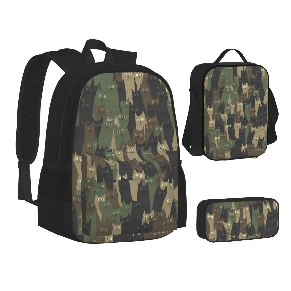 

Cats Army Camouflage Backpacks Students Bookbag School Bags Children Rucksack Lunch Bag Pen Bag Three-Piece Set