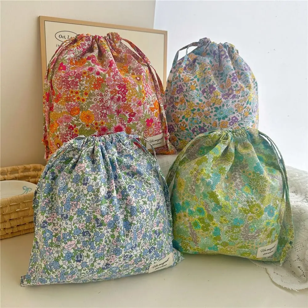 Cotton Drawstring Storage Bag Floral Print Dustproof Travel Underwear Clothing Bag Portable Ins Style Cosmetic Bags