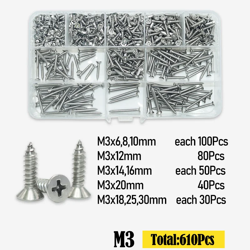 Bis zu 950p M2 M3 M4 Senkkopf-Blechschraube A2 304 Edelstahl Kreuzschlitz-Flachkopf-Blechschrauben-Set – Detail 7