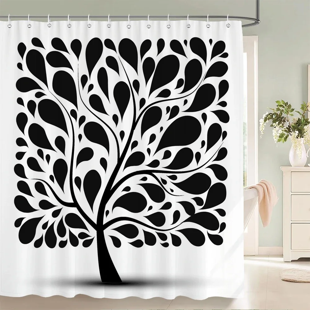 Black and White Printing Leaves Plant Shower Curtain, Simple Art Tree Texture Fabric Waterproof Bathroom Curthroom Decor Curtain