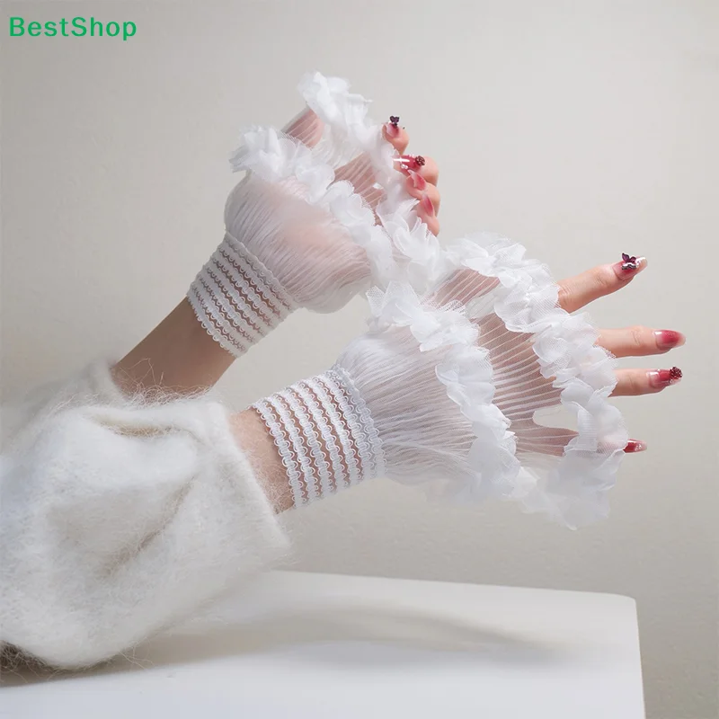 〔R〕Floral Ruffle Cuffs - Double Layer Sheer Fake Sleeves for Nail Art Photography & Daily Wear