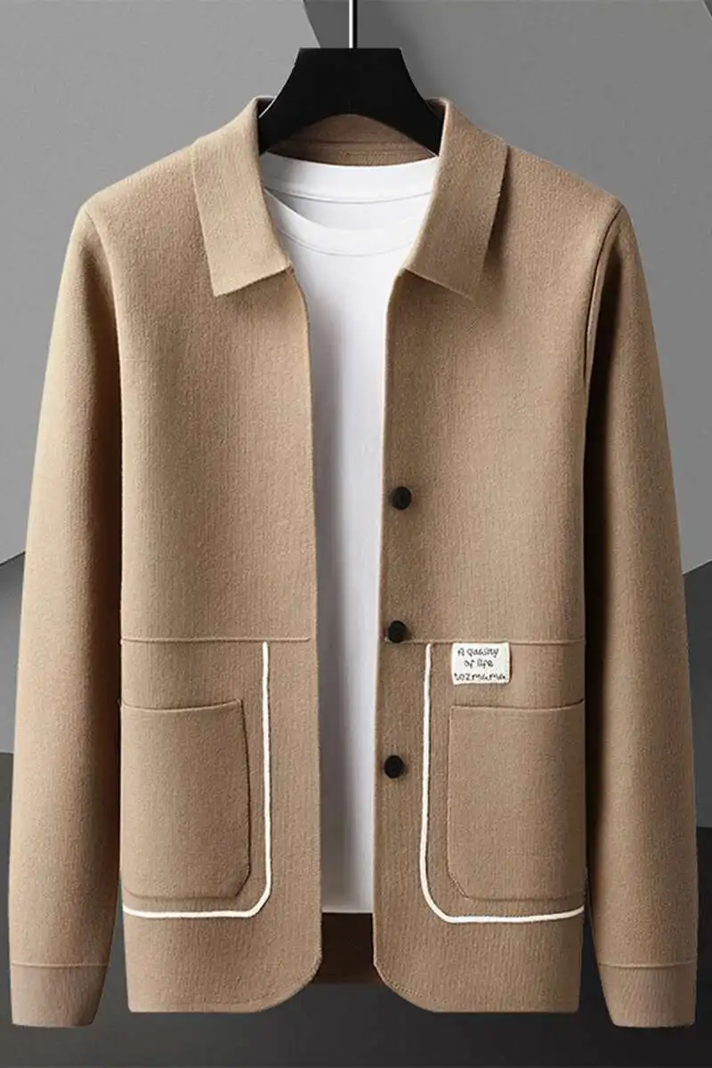 เสื้อสเวตเตอร์ถักสำหรับผู้ชายเสื้อโค้ทคาร์ดิแกนแขนยาวทรงสลิมฟิตสีตัดกัน