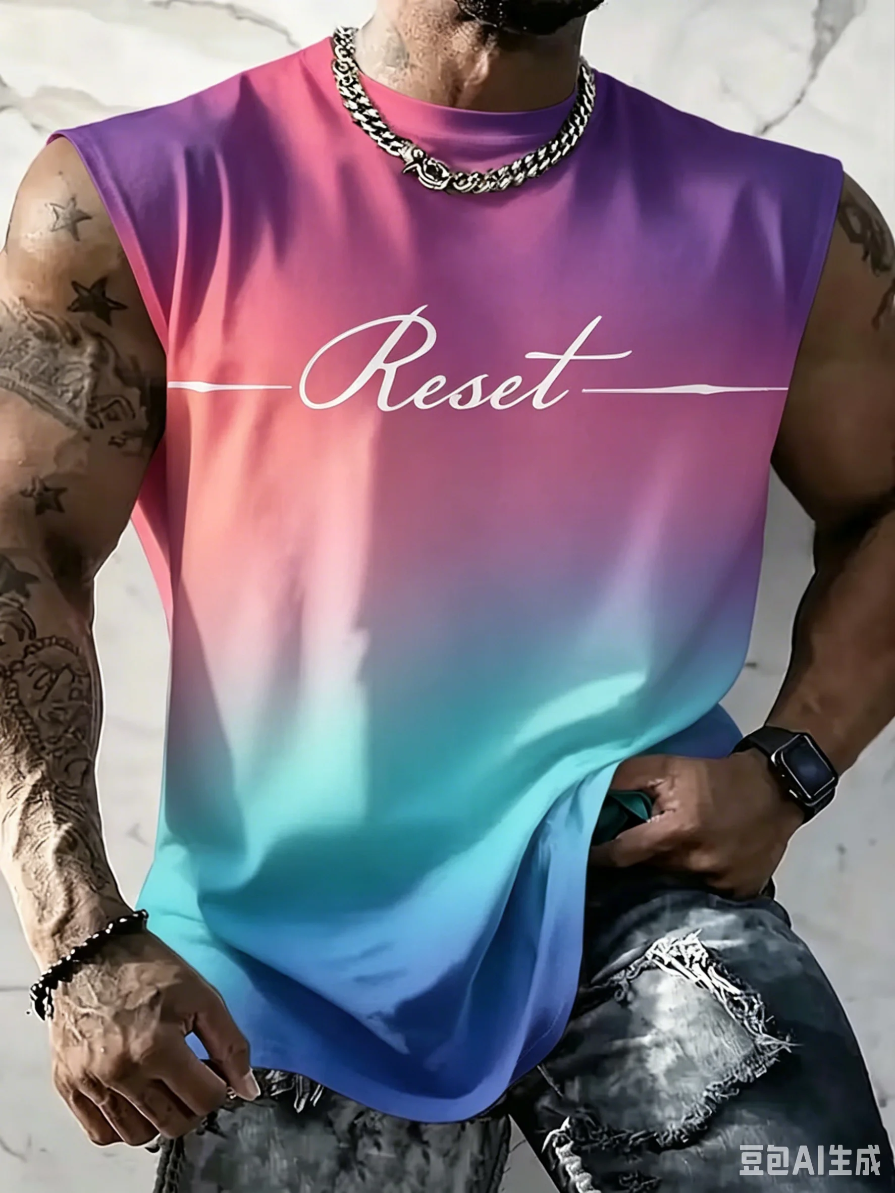 Fresh gradient color 3D print sleeveless Men's T-shirt  spring summer breathable fitness Outdoor leisure t-shirts and tank tops