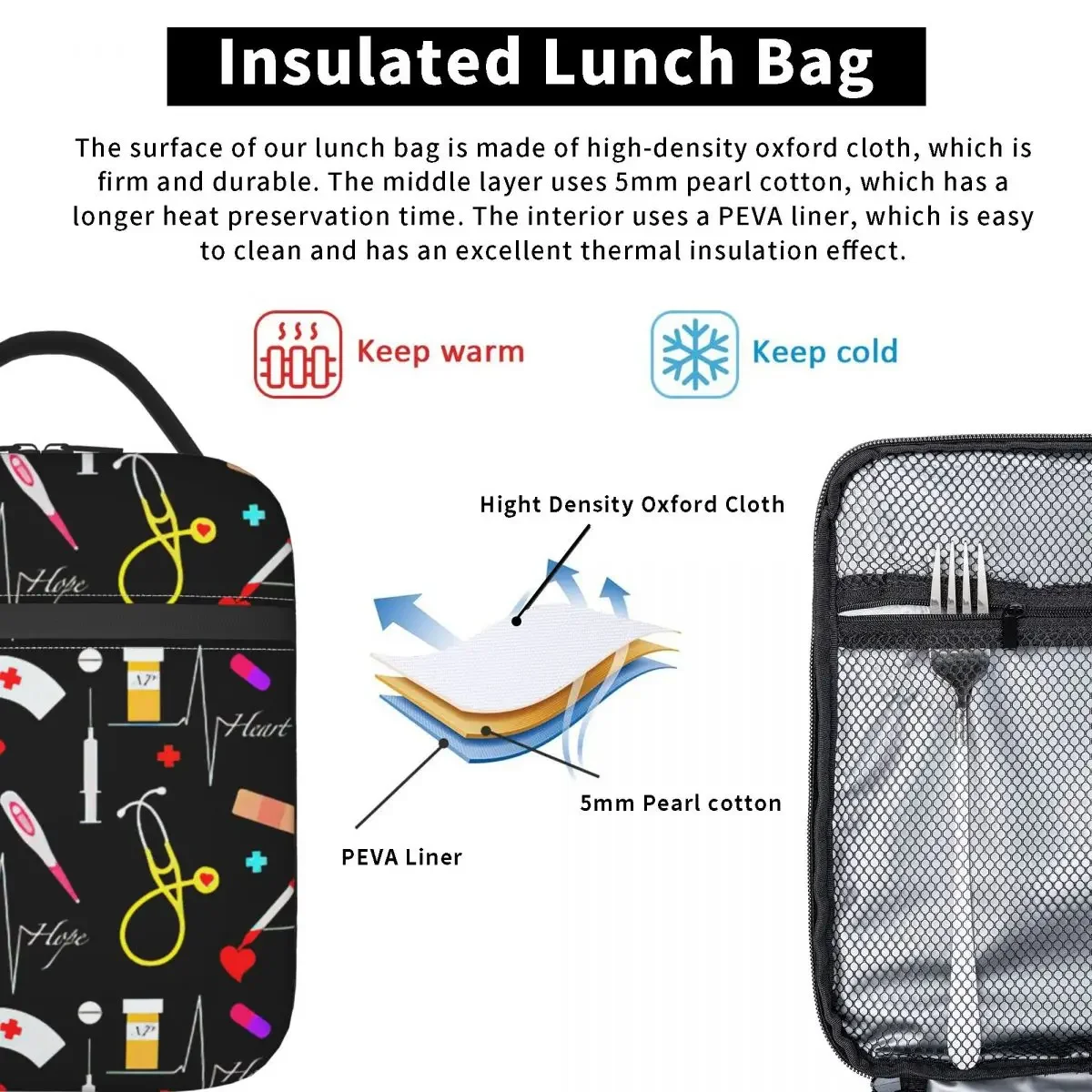 Cute Nurse Insulated Lunch Bag Leakproof Supplies Lunch Container Thermal Bag Tote Lunch Box School Travel Food Bag