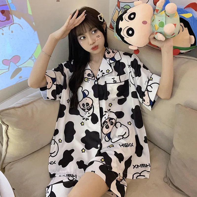 2024 Kawaii Crayon Shin-Chans French Ice Silk Pajamas Leisure Breathable Anime Comfortable Cool Home Clothing Set For Girls